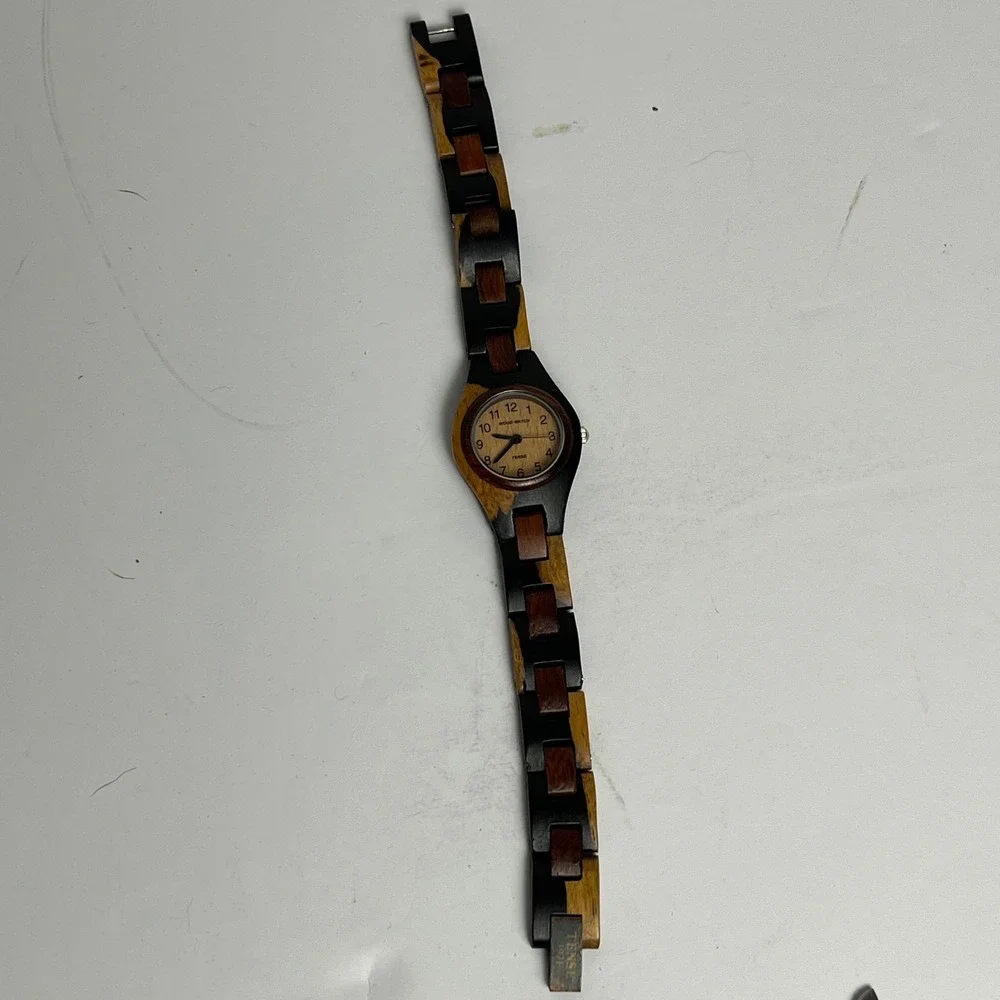 Tense Wood Watch Mens Multi Tone Wooden Link Bracelet Handcrafted Canada Non-Op